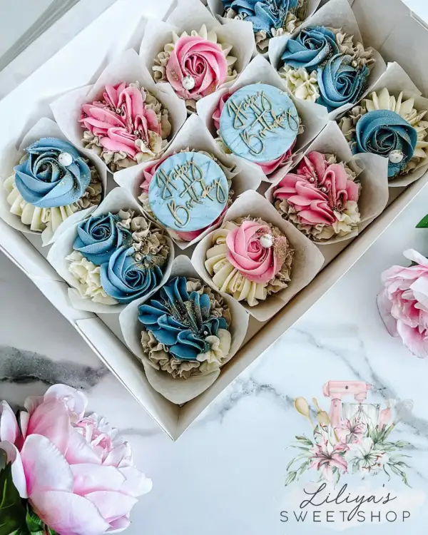 Blue and Pink Celebration - Box of 12 Floral Cupcakes