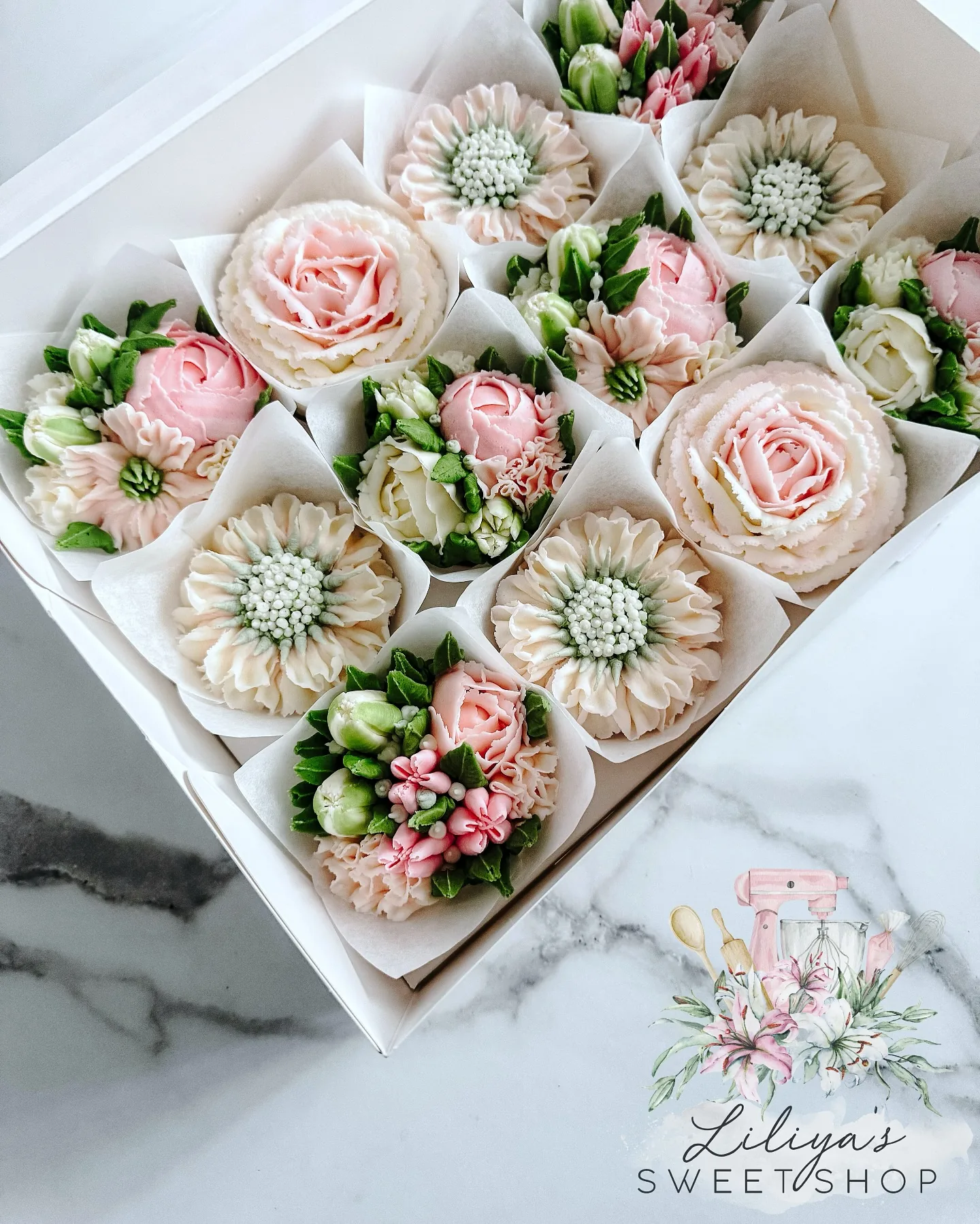 Blush Bloom - Box of 12 Floral Cupcakes