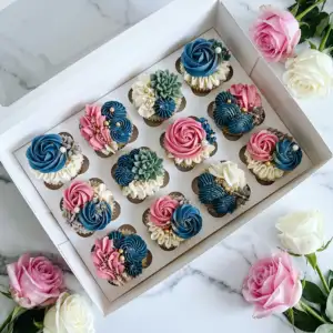 Navy and Rose - Box of 12 Floral Cupcakes