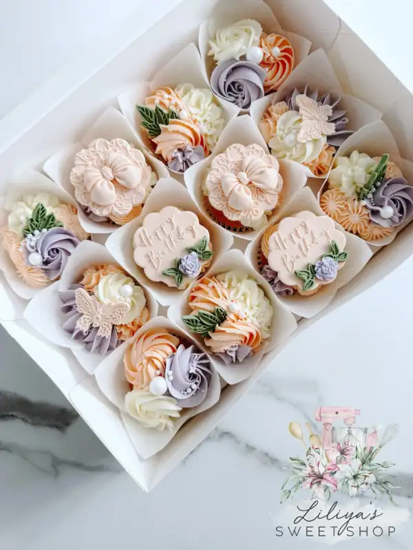 Peach and Lavender Butterfly - Box of 12 Floral Cupcakes