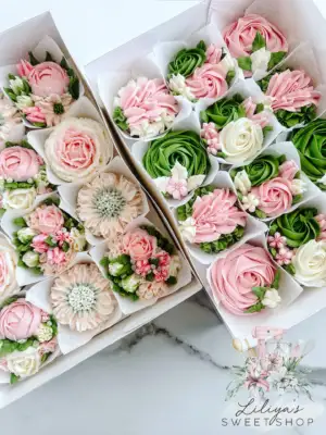Pink and Green Roses - Box of 12 Floral Cupcakes