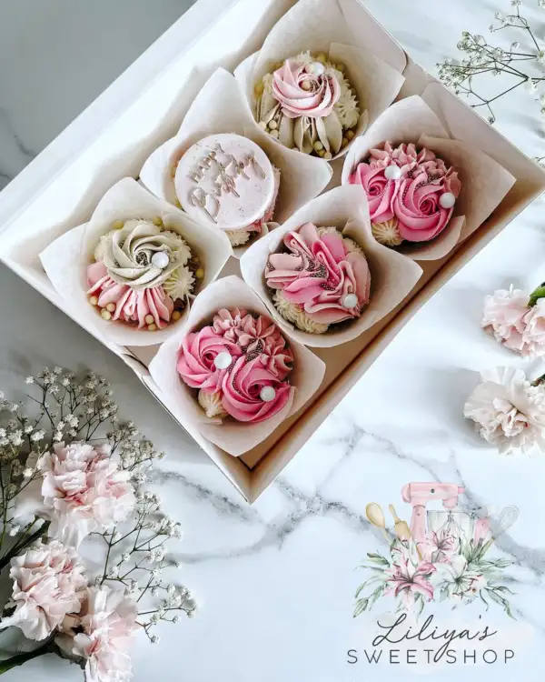 Pink Rosette - Box of 6 Floral Cupcakes